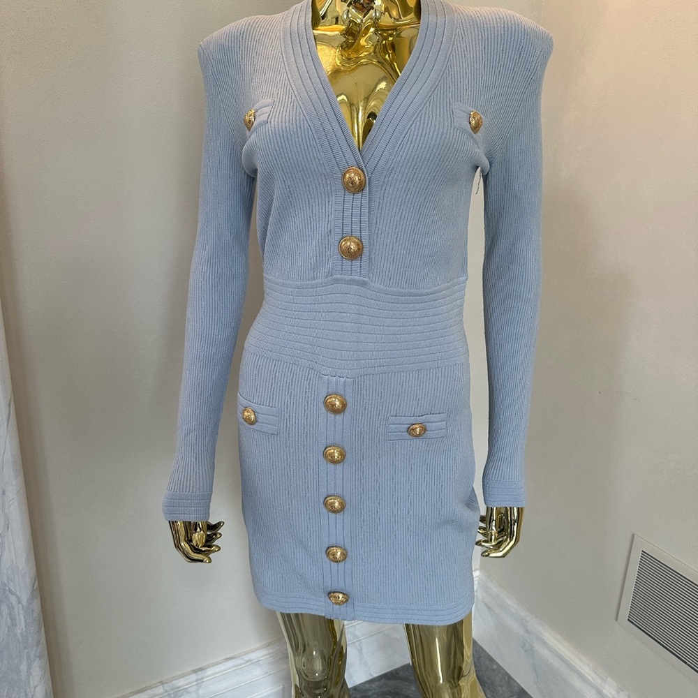 Balmain Light Blue Ribbed Dress with Gold Buttons